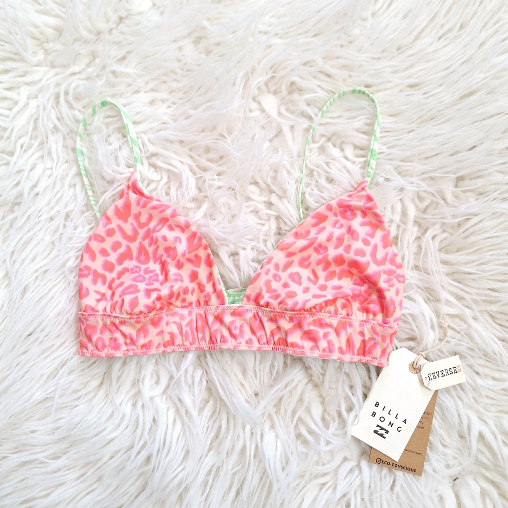Billabong Lei Low Reversible Triangle Bikini Top Pink Green Medium